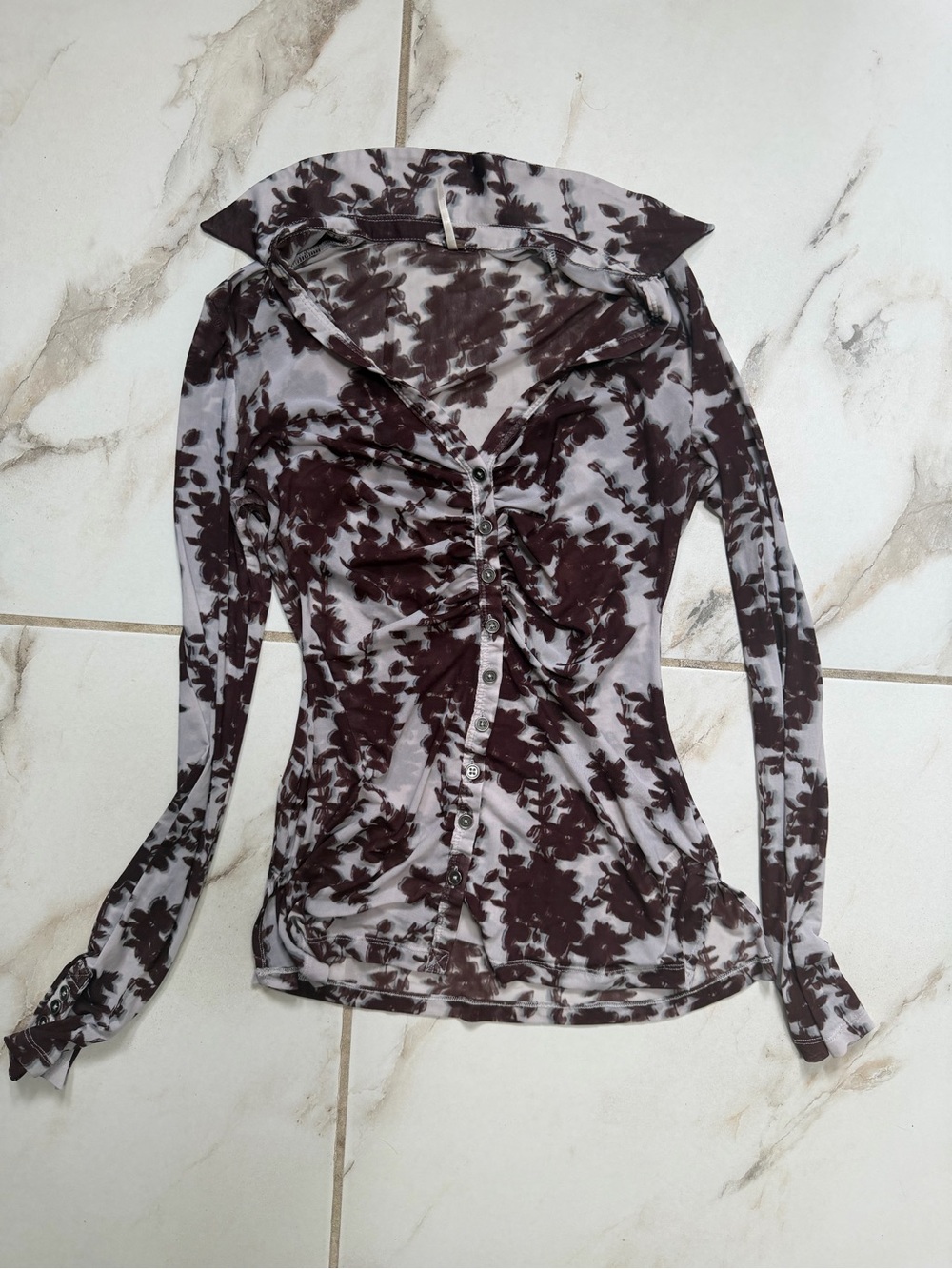 Free People Brown and White Ruched Button-Front Long Sleeve Top